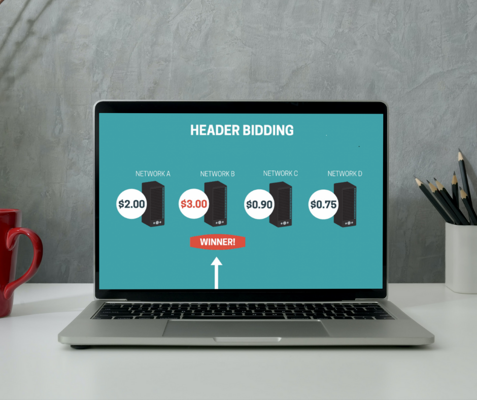 laptop with Header Bidding ads interactive ad monetization platform