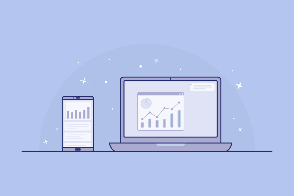 illustration of mobile phone and laptop with charts ads interactive ad monetization platform